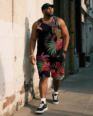 Big & Tall Men's Black Vintage Leopard Plant Print Vest Shorts Suit