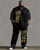Men's Plus Size Fashion Simple Gold letters King Print Long Sleeve Lel Shirt Two-Piece Set