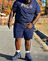Big & Tall Men's Letter Color Striped Color-matching Printed Crewneck Short-sleeve T-shirt Shorts Set