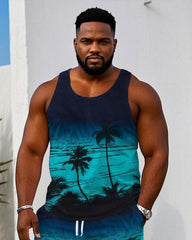 Men's Plus Size Hawaiian Blue Tank Shorts Suit