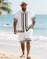 Big Men's Vacation Casual Bohemian Style Black Double Striped Edge Textured White Short Sleeve Shirt Shorts Suit
