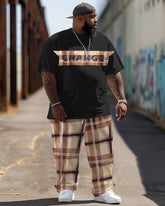 Men's Large-size Street Color-blocked Retro Plaid Hip-hop Casual Two-piece Set