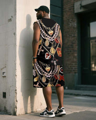 Big & Tall Men's Black Vintage Luxury Chain Printed Vest Shorts Suit