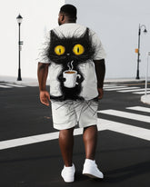 Big & Tall Men's Cartoon Black Cat with Coffee Back Print Casual Short-Sleeve T-shirt Shorts Set
