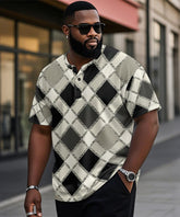 Men's Plus Size Geometric Diamond Print Henley Collar Button Short Sleeve T-shirt