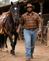 Plus Size Men's Western Style Retro Brown Plaid Long Sleeve Shirt Jeans Suit