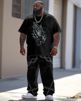 Men's Large Street Casual Prayer Cross Faith Print T-Shirt Trousers Set