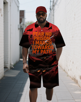 Big Guy's War Theme Letter Graffiti Daily Casual Short Sleeve Polo Shirt and Shorts Set