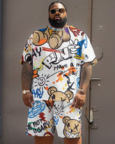 Men's Plus Size Graffiti Bear Print T-Shirt and Shorts 2 Piece Set
