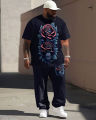 Men's Plus Size Street Fashion Skull Rose Print T-Shirt Trousers Suit