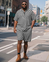 Men's Plus Size Business Black Wave Checkerboard Print Short Sleeve Polo Shirt Shorts Suit