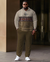 Men's Plus Size Ethnic Jacquard Color Block Zip Shirt and Pants Two Piece Set