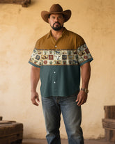 Men's Plus Size Western Denim Heritage Print Short Sleeve Shirt