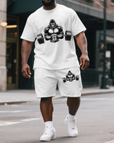 Big & Tall Men's Street Fashion Dumbbell Gorillas Print Casual Short-Sleeved T-shirt and Short Set