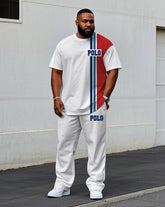 Men's Plus Size Casual White & Red Small Label Printed Short-sleeved T-shirt Trousers Suit