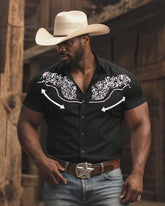 Big & Tall Men's Western Style Daily Casual Textured Dark Short Sleeve Shirt
