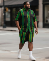 Big & Tall Men's Street Fashion Daily Casual Black Green Yellow Colorblock Striped Shirt Shorts Suit