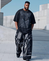 Plus Size Men's Black And White Printed Casual Short-sleeved T-shirt Pants Suit