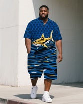 Big Guy's Artistic Shark Turbine Cartoon Printed Casual Short-Sleeve Polo Shirt & Shorts Set