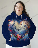 Women's Big & Tall Flowers and Musical Notes Print Long Sleeve Hoodie