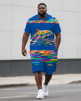 Big Guy's Dreamy Dolphin Abstract Cartoon Printed Casual Short-Sleeve Polo Shirt & Shorts Set