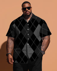 Big Men's Simple Diamond Plaid Short Sleeve Shirt Shorts Set