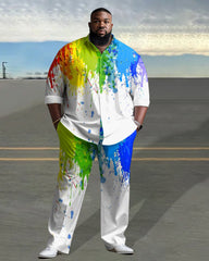 Men's Plus Size Watercolor Splash Ink Long Sleeve Lapel 2 Shirt Set
