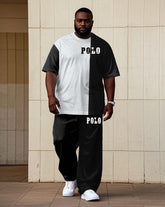Men's Plus Size Casual White & Black Classic Color Matching Short-sleeved T-shirt Trousers Suit