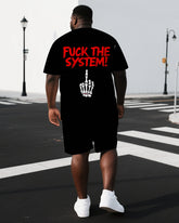 Big & Tall Men's Skeleton Hand FUCK THIS SYSTEM Punk Back Print Short-Sleeve T-shirt 2-Piece Set