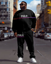Big Men's Casual Simple Black POLO Letter Print Sweatshirt Two-Piece Set