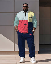 Men's Simple Colorful Colorblock Alphabet Print Polo Shirt Zipper Pants Suit