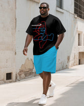 Men's Plus Size Black And Blue Line Cartoon Print Short Sleeve T-shirt Shorts Suit