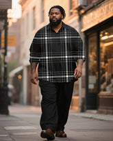 Big & Tall Men's Business Black And White Check Printed Long Sleeve Shirt Trousers Suit