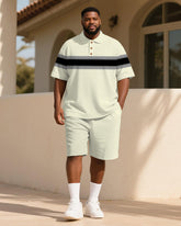 Big & Tall Men's Business Apricot Geometric Stripe Print Short Sleeve Polo Shirt Shorts Suit