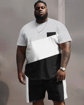 Street Casual Black And White Gray Color Block Print Large Men's Set
