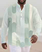 Big & Tall Men's Green Geometric Stripe Print Bamboo Hemp Texture Henry Collar Long Sleeve Shirt