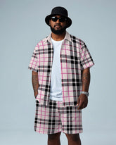 Men's Big Size Gentlemen Pink Plaid Printed Daily Casual Short Sleeve Shirt and Shorts Set