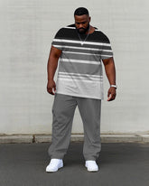 Men's Plus Size Black Gray Thick Striped Short Sleeve T-shirt Trousers Suit
