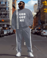 Men's Plus Size Casual Simple God Get Me Letter Print Sweatshirt Two-Piece Set