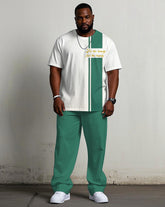 Men's Plus Size White & Blue Colorblock Printed Chest Short-sleeved T-shirt Trousers Suit