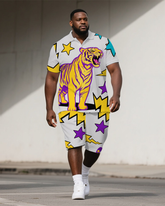 Big Men's Street Fashion Funny Roaring Tiger Cartoon Printed Short-Sleeve Polo Shirt & Shorts Set