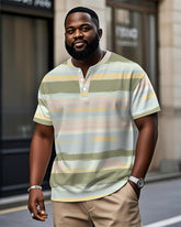 Men's Plus Size Daily Casual Green Stripe Colorblock Print Henry Collar Button Short Sleeve T-Shirt