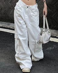 Women's Plus Size White Straight Tooling Loose Jeans