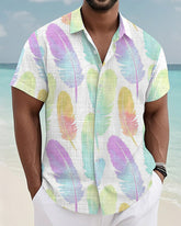 Men's Plus Size Hawaiian Colorful Feather Print Short Sleeve Slub Shirt