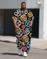 Big Guy's Fashion Cartoon Mechanical Roulette Printed Casual Short-Sleeve Shirt Pants Sets