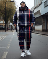 Big Guy’s Check Color Block Casual Hoodie and Sweatpants Two Piece Set