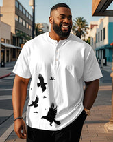 Men's Plus Size Daily Casual Black And White Eagle Print Henry Collar Button Short Sleeve T-Shirt