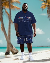 Big Men's Color Block Funny Sailboat Pattern Printed Short Sleeve Shirt Shorts Set
