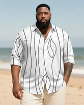 Big & Tall Men's Daily Black And White Irregular Stripe Print Long Sleeve Bamboo Hemp Texture Shirt