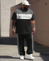 Men's Large Casual Colorblock Houndstooth Printed T-Shirt Pants Suit